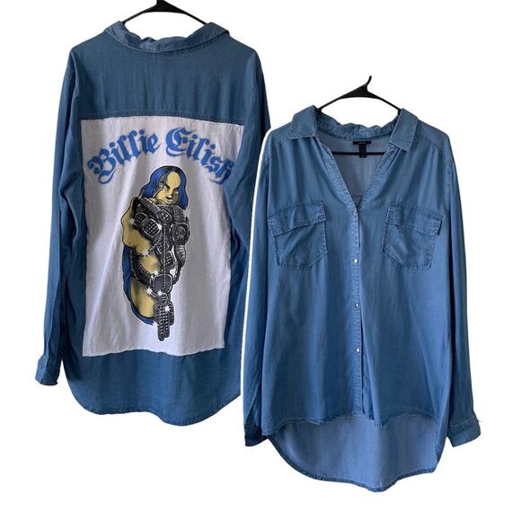 Via Penny Lane Reworked Apparel | Billie Eilish Custom Denim Chambray Shirt XXL - Picture 1 of 9